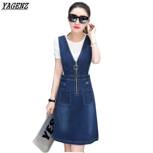 

women dress 2017 summer large size fashion two-piece dress short-sleeved t-shirt+denim vest girl cute clothing yagenz k2831, Black;gray