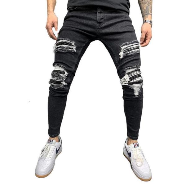 

2020 new men's knee fold tear blue washed jeans pants