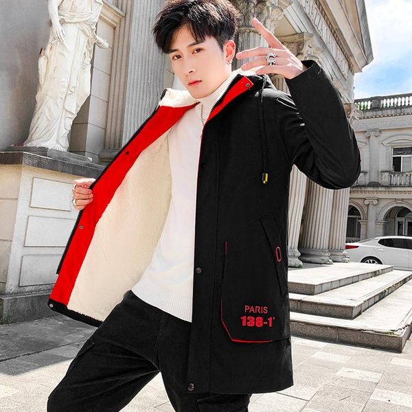 

uyuk2020 winter stitching jacket hooded loose casual trend big pocket plus velvet thick men's cotton coat men clothes1, Black
