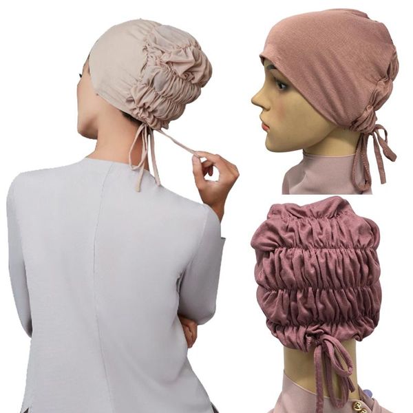 

2020 muslim women elastic tie back jersey hijab underscarf caps soft cotton head wrap turban bonnet islamic headscarf turbante, Red