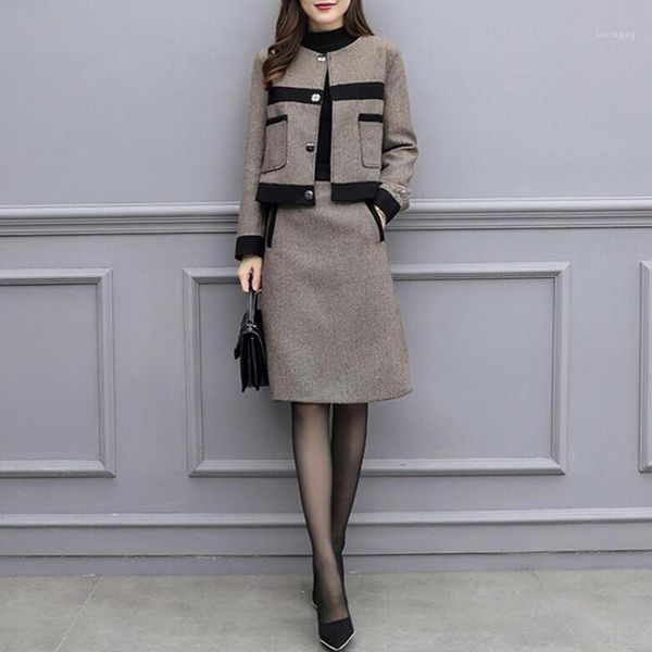 

vintage tracksuits woolen outfits pockets women short coat high waist skirt set two piece set female suits sets clothes1, White;black