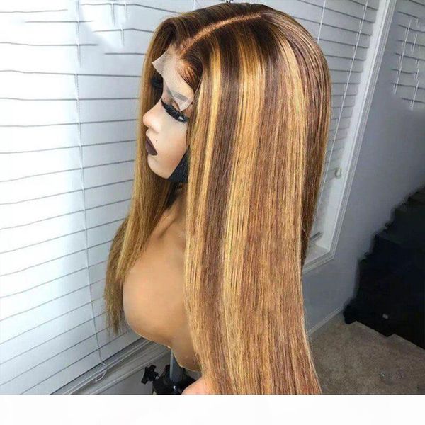 

13x6 ombre highlight #4 27 lace wig brown blonde straight lace front human hair wigs remy brazilian hair wig 150%, Black;brown