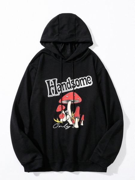 

men letter & mushroom print drawstring hoodie o5b1#, Black