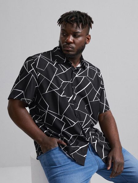 

extended sizes men geo print button front shirt 50jv#, White;black