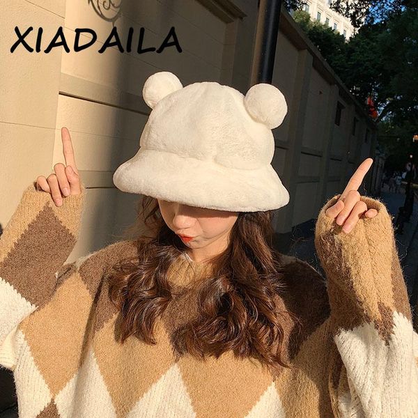 

fashion autumn winter leopard fur bucket hat bear ear ball plush fisherman hat soft warm thick basin protection bucket hats, Blue;gray