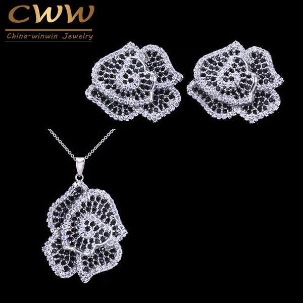 

cwwzircons micro мощеные черный белый cz камни яркий цветок женщин способа цвета серебра серьги ожерелье комплект ювелирных изделий t155, Silver