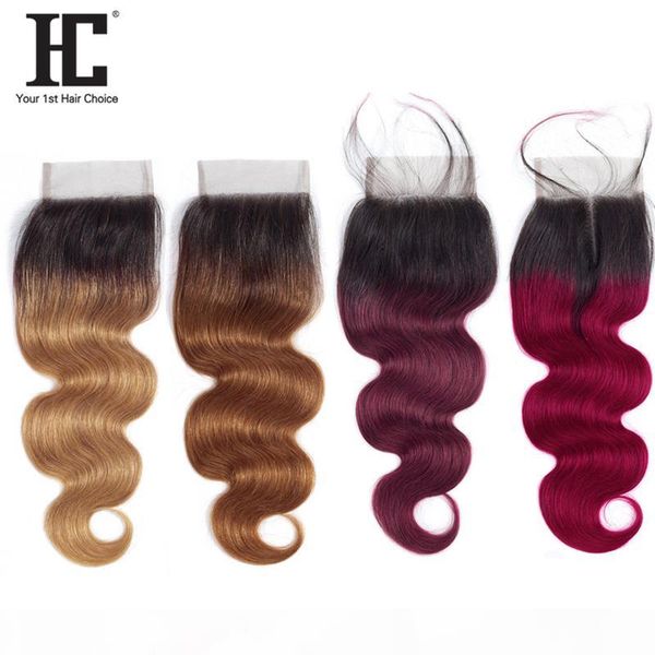 

hc ombre 1b 27 30 99j burgundy two tone brazilian body wave hair weave 4x4 lace middle three part 10-20 inch, Black