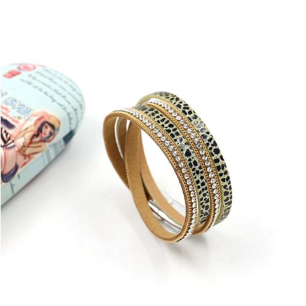 

leather stick-on crystals bracelet women's new fashion chain magnetic buckle multi-layer bracelet 3-color wholesal qylhhu
