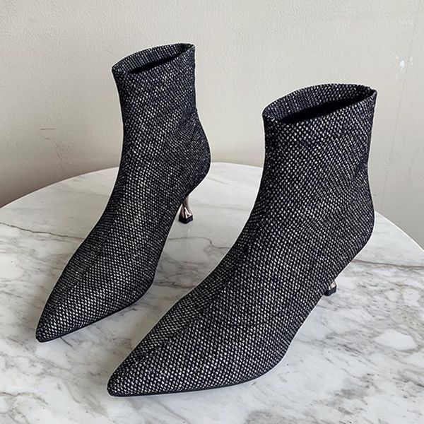 

boots winter sequined stiletto heels square high heel ankle pumps pointed toe ladies women's socks autumn1, Black
