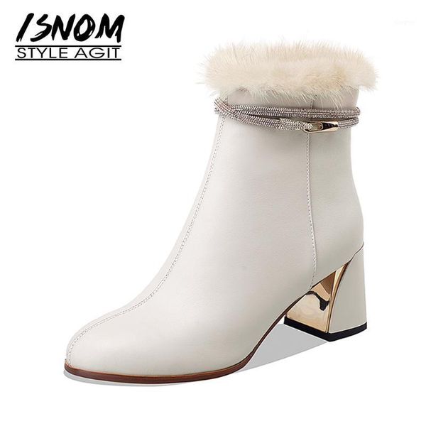 

boots isnom women genuine leather ankle side zip skid proof crystal metal decor chunky high heel warm short plush winter boots1, Black