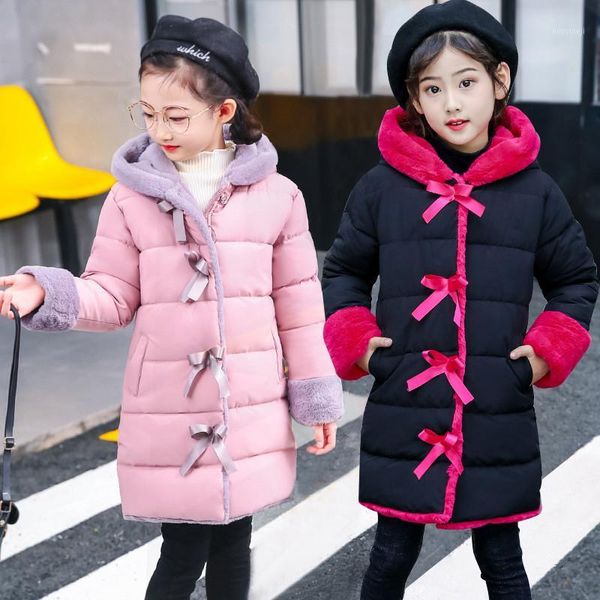 

jackets baby girl bowknot plus velvet thick warm down jacket long hooded clothes winter cotton coat1, Blue;gray