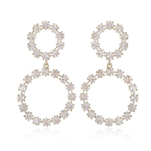 

hoop & huggie exquisite double ring earrings simple round geometric copper inlaid zircon creative female factory wh, Golden;silver