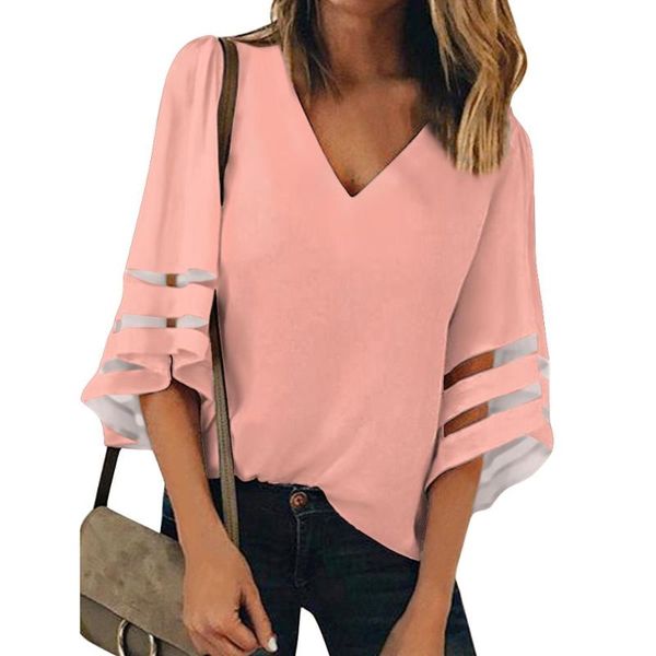 

solid color pink design pattern custom casual chiffon floral printed v- neck casual blouse clothes for women summer 2020, White