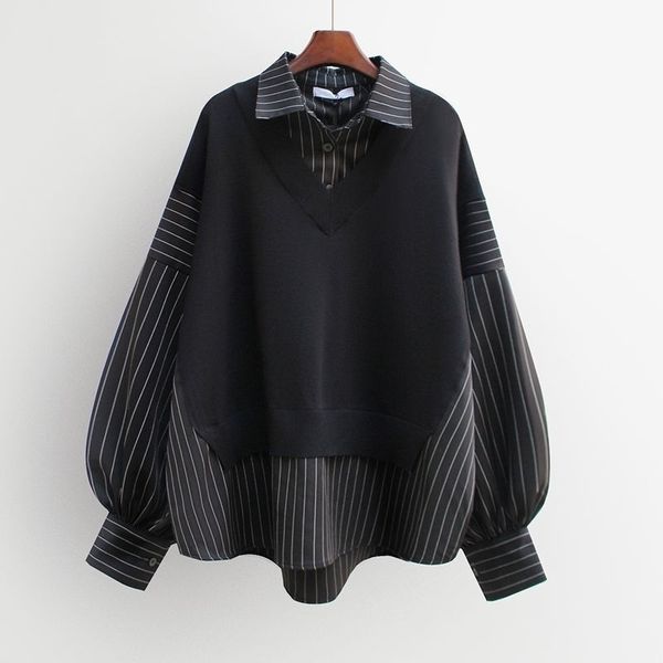 

nomikuma autumn fake two pieces women sweatshirt stripe patchwork long sleeve turn-down collar causal hoodies 6c417 201202, Black