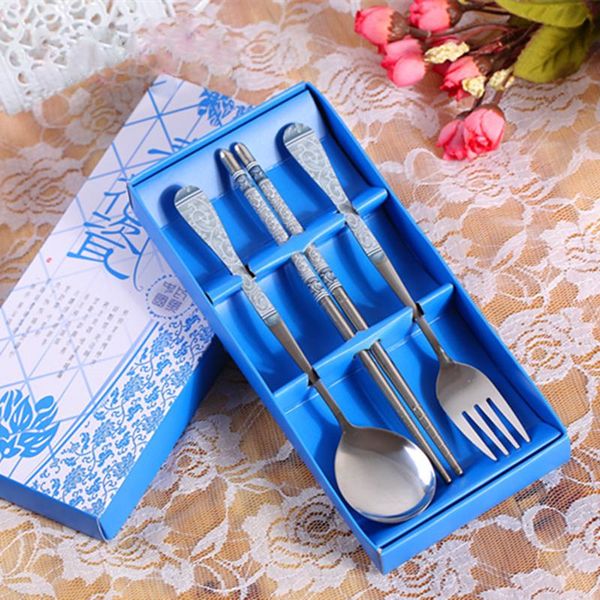 

eco-friendly safety stainless steel tableware set chinese words promotional gift three-piece chopsticks spoon fork dinnerware sets dh0037