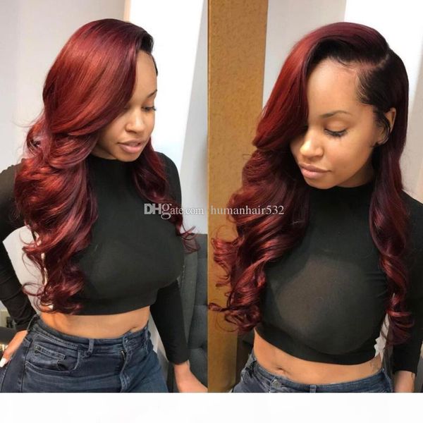 

virgin ombre burgundy long body wave human hair lace wigs with baby hair glueless brazilian lace front wigs for black woman, Black;brown