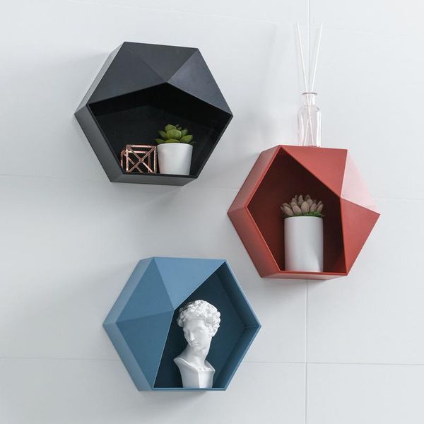 

hooks & rails nordic living room wall-mounted geometric punch-wall decoration bathroom shelf hexagon storage rack1