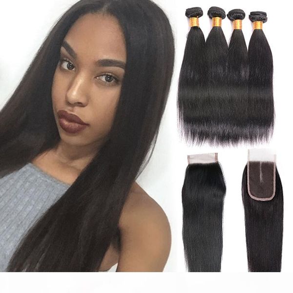 

7a grade brazilian virgin human hair 4 bundles with closure straight hair bundles with closure 100% unprocessed remy hair extension, Black