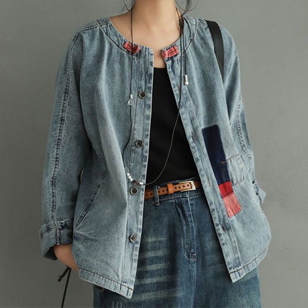 

washed white denim jacket women's short cardigan literature and art women's button up patching casual loose jacketbutton jacket iu, White;black