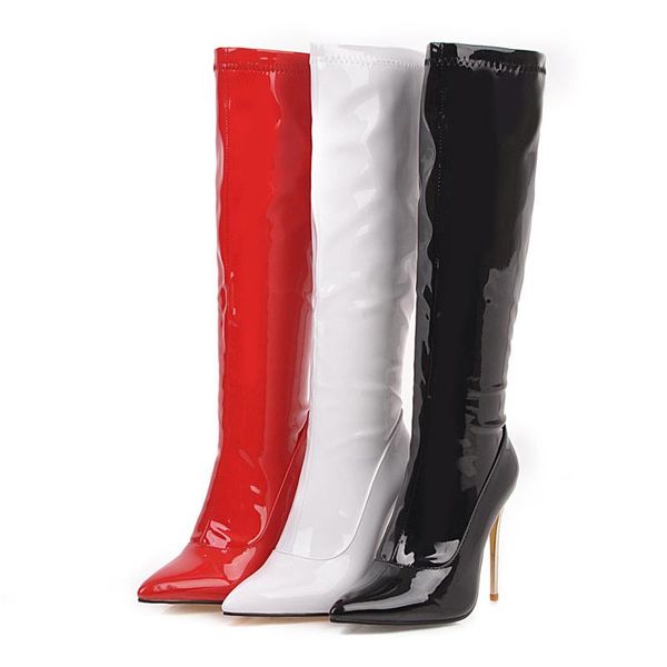 

2020 luxury stilettos leather long boots women fetish knee high boots 10cm high heels lady stripper glossy prom white red shoes, Black
