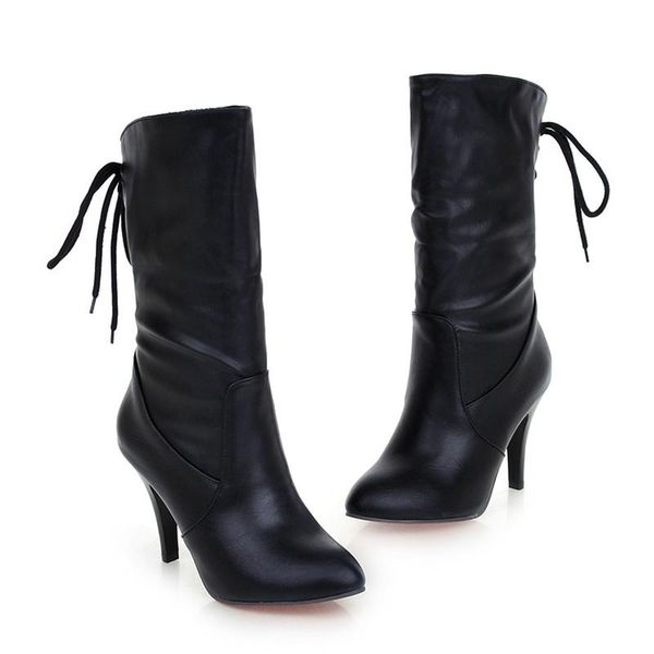 

2020 spring/autumn new designer solid color round toe thin high heels pu leather mid-calf boots cross-tied boots for women, Black