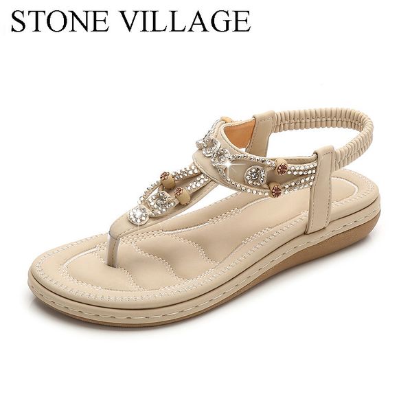 

women sandals 2020 flat summer women sandals crystal bohemia ethnic flat sandals flip flops casual string bead beach shoes woman, Black