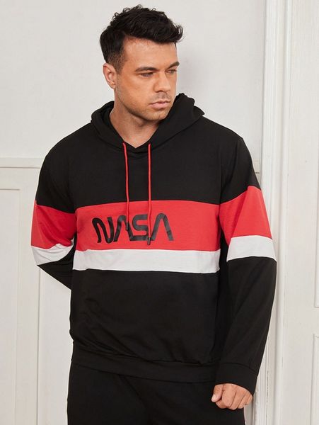 

extended sizes men color block letter graphic drawstring hoodie w1e9#, Black