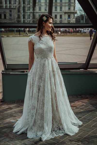 

full lace a line wedding dresses with beaded sash ribbon open back bridal gowns capped sleeves formal party vestidos, White