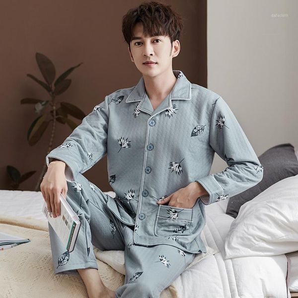 

cotton pijama set for men tshirt cardigan plus size underwear long sleeved pajama sleepwear clothing winter nightwear male1, Black;brown