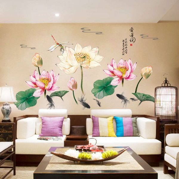 

warm chine style lotus living bedroom sofa background wall room bedside self adhive sticker