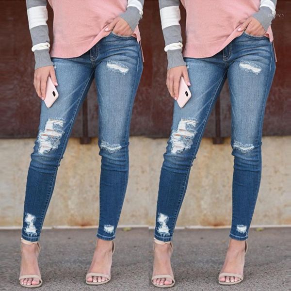 

new 2020 skinny jeans women denim pants holes destroyed knee pencil pants casual trousers blue stretch ripped jeans#j31