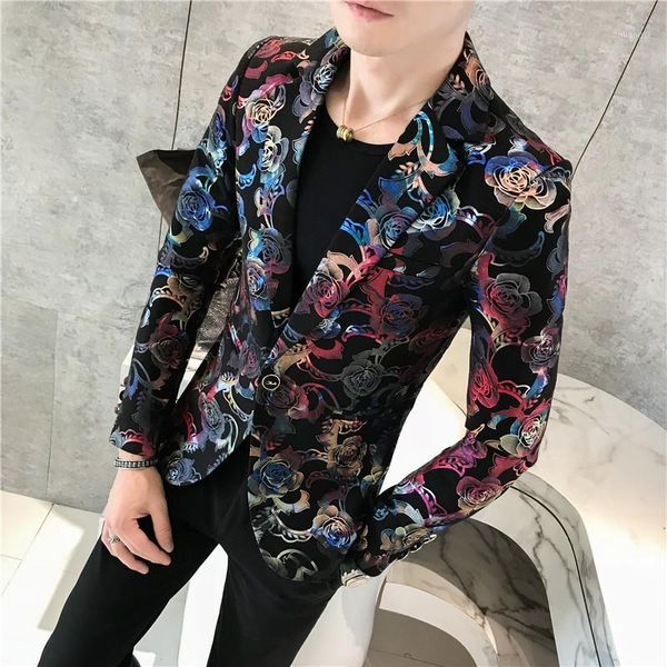 

sharp print prom suit jacket mens one button blazer 2018 autumn sllim fit blazer mascculino gold blue red print male1, White;black