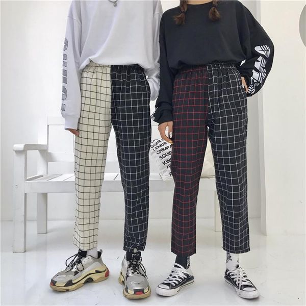

harajuku pants patchwork plaid pant women drawstring elastic waist straight trouser autumn fashion outwear, Black;white
