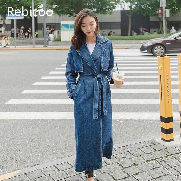 

denim trench coat for women autumn loose long coat women\tdouble-breasted loose jeans trench windbreaker manteau femme1, Tan;black