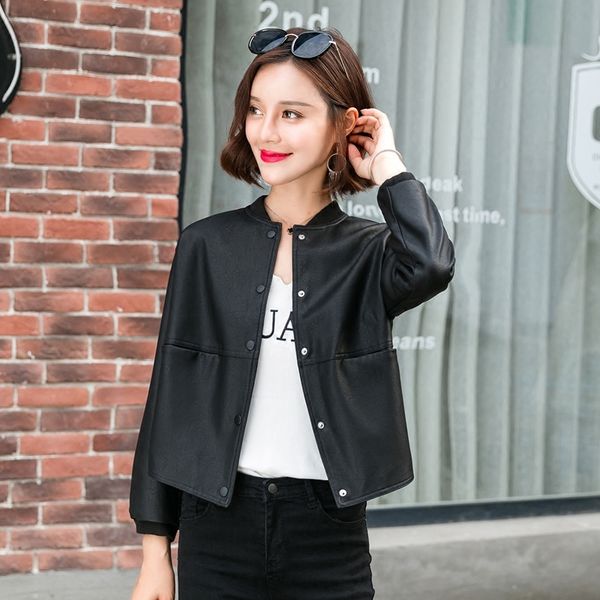 

2021 new fall women classic plutonium with belt short basic female leather jacket f7jf, Black