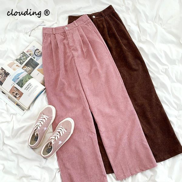 

vintgae pink high waist pleated corduroy pants women loose slimming autumn casual straight pants1, Black;white