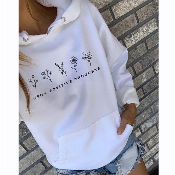 

grow positive thoughts floral print hoodies trendy women crewneck slogan pullover casual inspirational quote ladies sweatshirts, Black