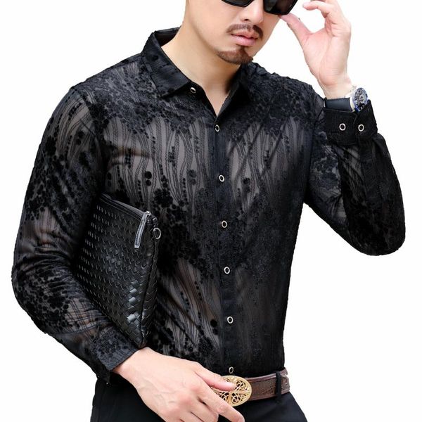 

asain 3xl autumn men blue print floral shirt long sleeve business office shirt mens button down chemise homme manche longue, White;black