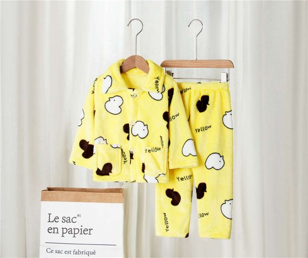 

cartoon printed cardigan housewear in children's flannel warm round neck pajamas set, Blue;red