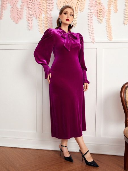 

plus lantern sleeve tie neck velvet dress s93n#, Black