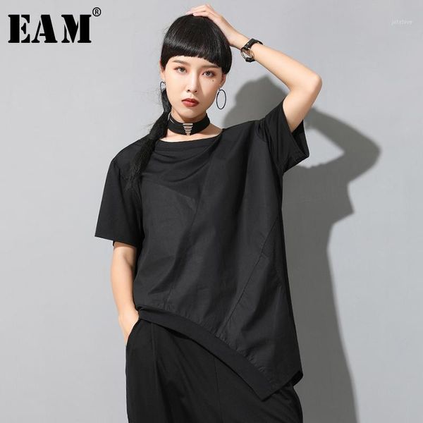 

eam] women black irregular split joint big size t-shirt new round neck long sleeve fashion tide spring summer 2020 1w0501, White