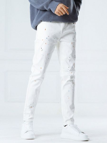 

men splatter print tapered jeans v7ju#, Blue