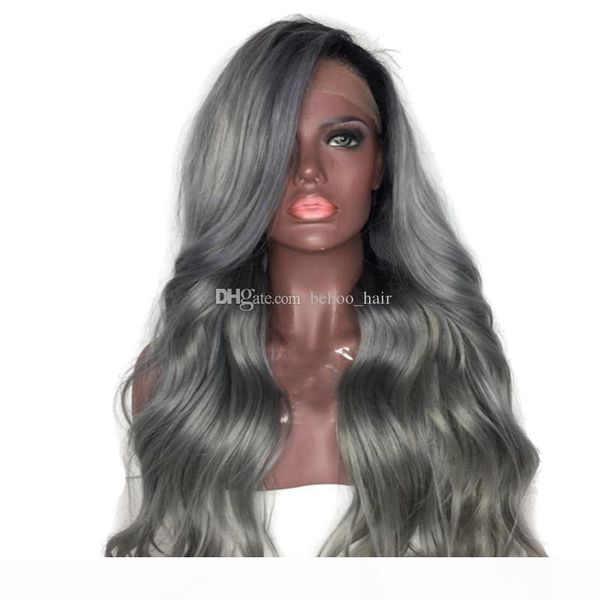 

glueless полный шнурок человеческих волос парики ombre серый бразильский объемная волна фронта шнурка человеческих волос парика two tone omb, Black;brown