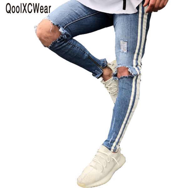 

knee hole side zipper slim distressed jeans men ripped tore up streetwear hiphop for men slim stripe pants, Blue