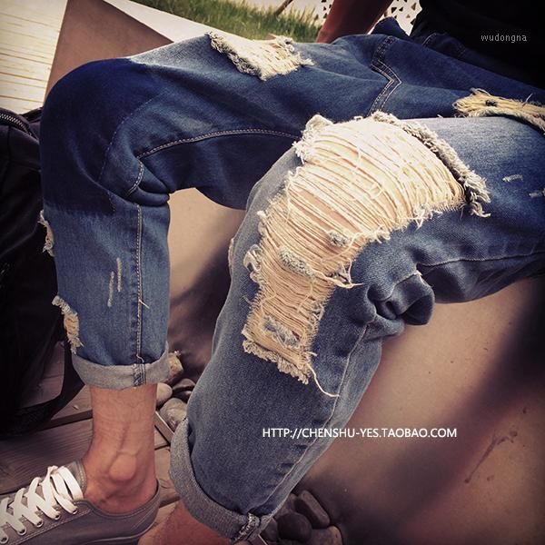 

new 2020 men's clothing fashion singer street hair stylist baggy trousers with low crotch harem pants hole jeans costumes1, Blue