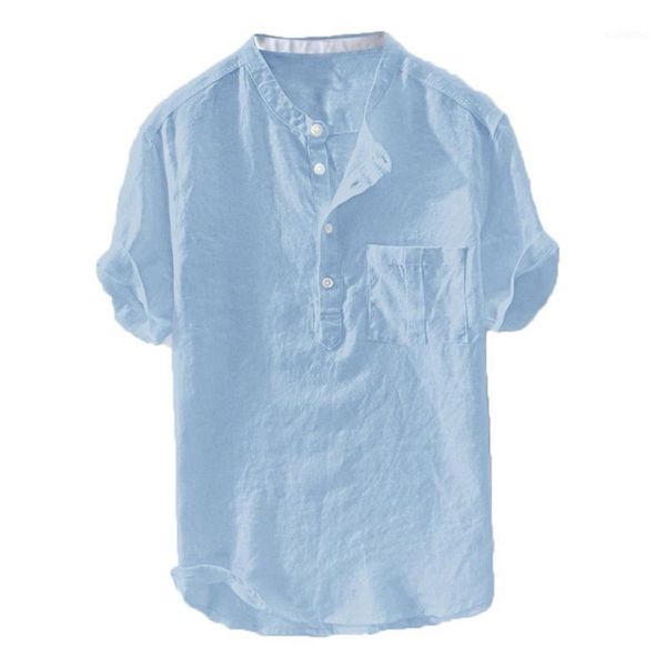 

casual shirts 2020 summer cotton linen short sleeve hawaii shirt basic classic blue shirt men blouse streetwear chemise homme1, White;black