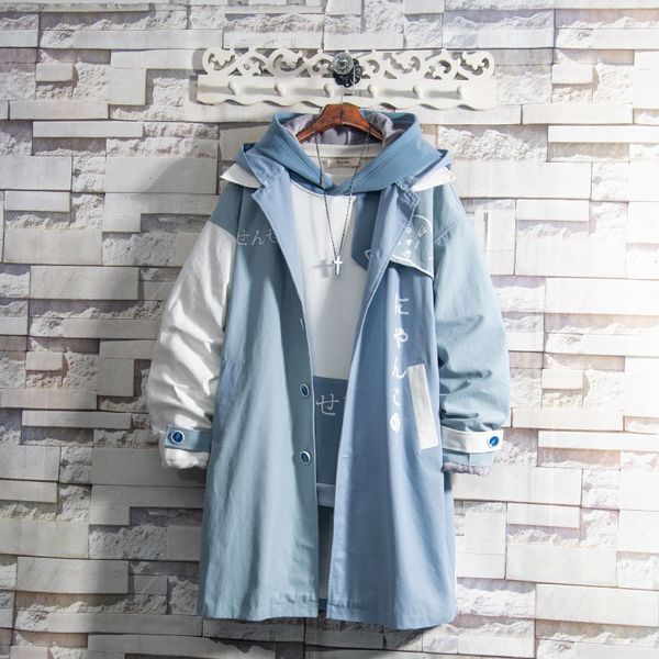 

mid length windbreaker men's coat brand youth handsome new hooded jacket in autumn and winter, korean fashion loose, Tan;black