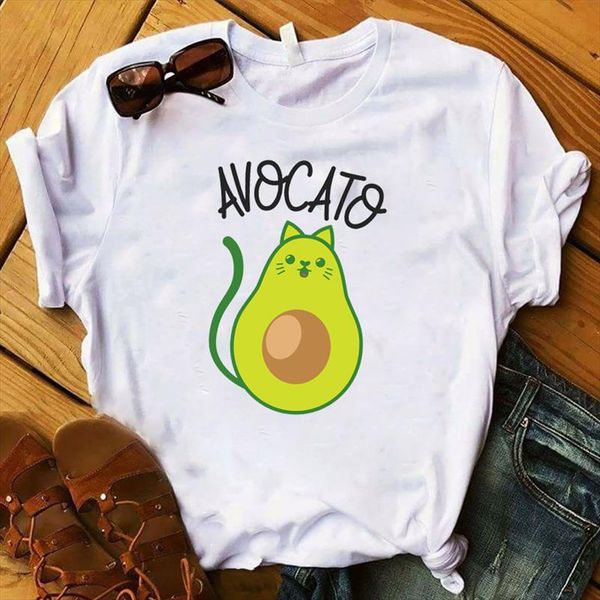

women t shirt avocado cartoon print tshirt women short sleeve o neck loose t shirt ladies summer causal tee shirt clothes, White