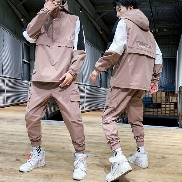 

tracksuit set men spring autumn sportswear suit hooded sweatshirts+pant hip hop patchwork 2pc set, Gray