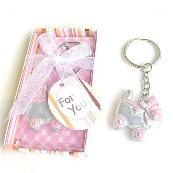 

party favor 10pcs/lot pink/blue baby carriage design key chains birth christening gift keychain shower favors souvenir1